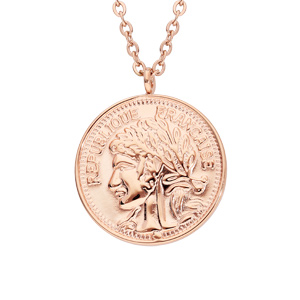 Collier en acier et PVD rose chaîne avec pendentif fausse pièce de monnaie 40+5cm
