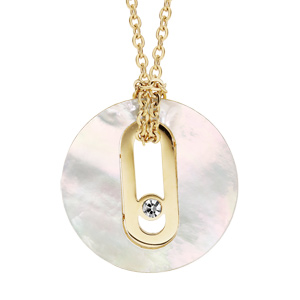 Collier en acier et PVD jaune Pendentif effet nacre et 1 oxyde 49+10cm