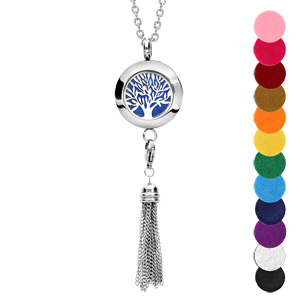 Collier avec Pendentif diffuseur de parfum médaillon arbre de vie et pompon - réglable 45 à 65cm