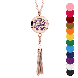 Collier avec Pendentif diffuseur de parfum médaillon arbre de vie et pompon PVD rose – réglable 45 à 65cm