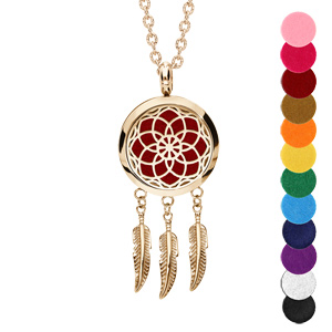 Collier Bola diffuseur de parfum attrape rêve et rosace PVD jaune – réglable 45 à 65cm