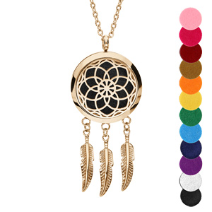 Collier Bola diffuseur de parfum grand attrape rêve et rosace PVD jaune – réglable 45 à 65cm