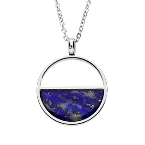 Collier en acier chaîne avec Pendentif cercle et demi lune en pierre Lapis Lazuli véritable 38+7cm