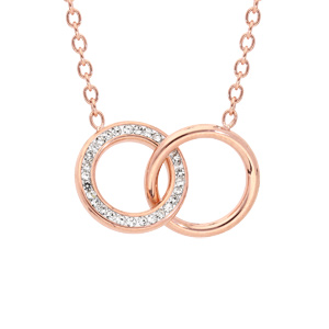 Collier en acier et PVD rose chaîne avec double cercle et oxydes blancs sertis 42+3cm