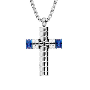 Collier en acier chaîne avec pendentif croix PVD bleu 50+5cm