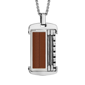 Collier en acier chaîne boule avec pendentif bois et câble gris 50+5cm