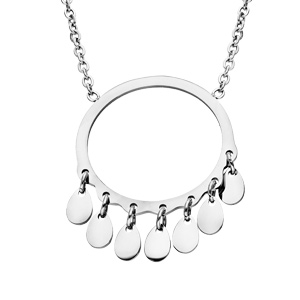 Collier en acier chaîne avec pendentif cercle et frange de pampilles lisses 42+3cm