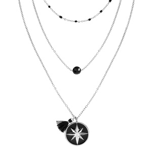 Collier en acier triple chaînes boules noires et pendentif rond noire étoile et pompon 38+5cm