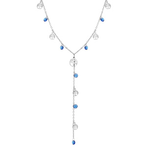 Collier en acier forme Y pastilles arbre de vie et pierres bleues 43+5cm