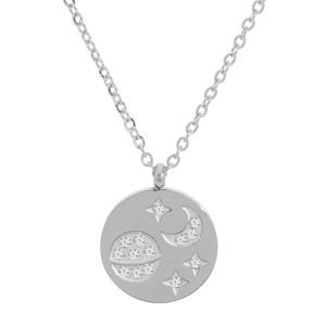 Collier en acier chaîne avec pendentif médaille motifs lune et étoiles avec strass 38+7cm