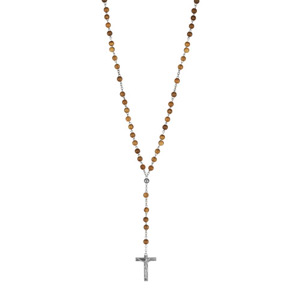 Chapelet en acier avec perles en bois d’olivier – longueur 63cm