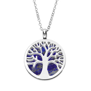 Collier en acier chaîne avec pendentif arbre de vie découpé sur fond Lapis Lazuli véritable 38+7cm