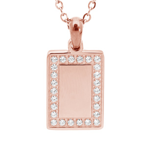 Collier en acier et PVD rose chaîne avec pendentif rectangulaire contour d’oxydes blancs possibilité gravure 38+7cm