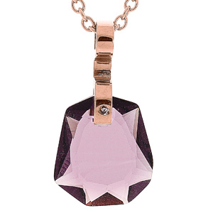 Collier en acier et PVD rose chaîne avec pendentif en verre teinté violet 40+5cm