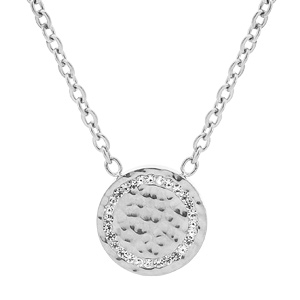 Collier en acier chaîne avec pendentif rond martelé et oxydes blancs sertis 40+5cm