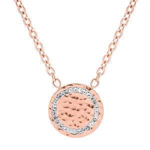Collier en acier et PVD rose chaine avec pastille martelée et oxydes blancs sertis 40+5cm