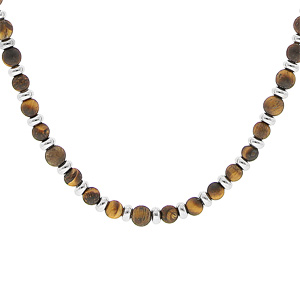 Collier en acier perles Oeil de tigre véritable mat marron 50+5cm