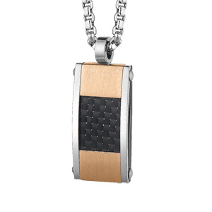 Collier en acier chaîne avec pendentif rectangulaire carbone et PVD rose 55cm