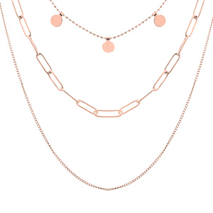Collier en acier et PVD rose 3 rangs avec pampilles rondes 40-45-50+5cm
