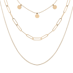 Collier en acier et PVD jaune 3 rangs avec pampilles rondes 40-45-50+5cm