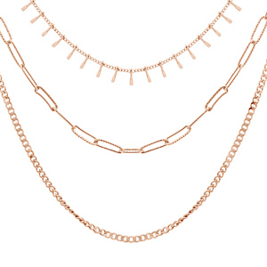 Collier en acier et PVD rose 3 rangs avec petites pampilles lisses 38-45-50+5cm