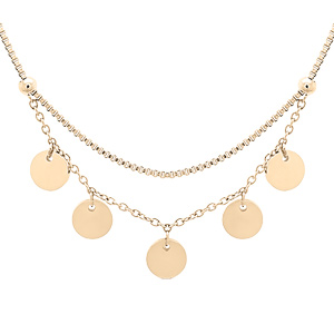 Collier en acier et PVD jaune chaîne avec double chaînette et pampilles lisses 40+5cm