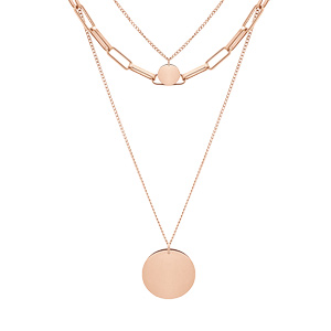 Collier en acier et PVD rose 3 rangs avec pendentifs ronds 38-40-45+5cm
