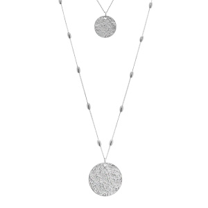 Collier en acier 2 rangs chaînes avec pendentifs ronds martelés 40-60cm+5cm de rallonge