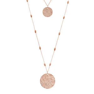 Collier en acier et PVD rose 2 rangs avec pendentifs ronds martelés 41-60cm+5cm