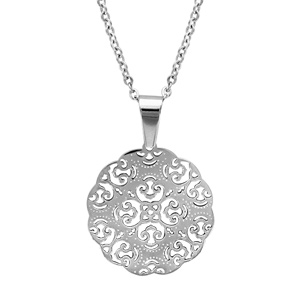 Collier en acier chaîne avec pendentif rond filigrané - longueur 43cm + 4cm de rallonge