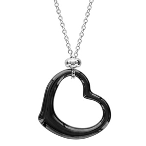 collier en acier chaîne avec pendentif coeur céramique noire évidé - longueur 45cm