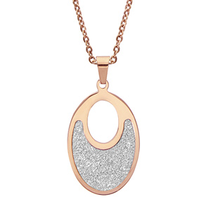 Collier en acier et PVD rose chaîne avec pendendif anneau ovale granité - longueur 45cm