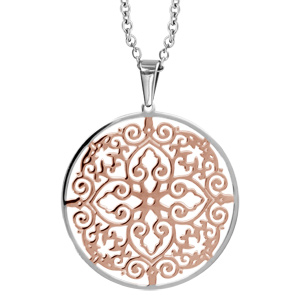 Collier en acier et PVD rose chaîne avec pendentif cercle filigrané – longueur 43cm + 4cm de rallonge