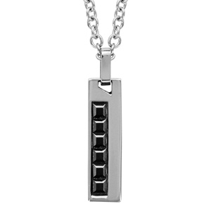 Collier en acier chaîne avec pendentif rectangle long orné d’1 bande d’oxydes carrés noirs – longueur 50cm + 5cm de rallonge