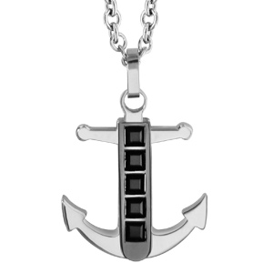 Collier en acier chaîne avec pendentif ancre agrémentée d'1 rangée d'oxydes carrés noirs au milieu -