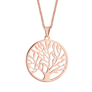 Collier en acier et PVD rose chaîne avec pendentif rond avec arbre de vie à l'intérieur - longueur 4