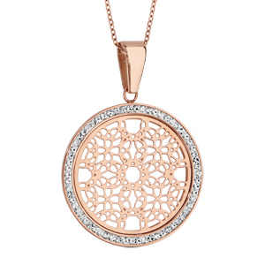Collier en acier et PVD rose chaîne avec pendentif rond en résine et strass blancs avec rosaces à l’intérieur – longueur 45cm + 5cm de rallonge