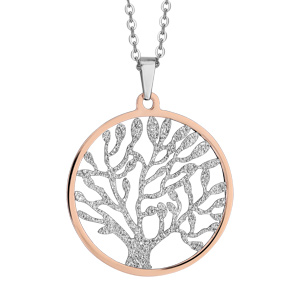 Collier en acier et PVD rose chaîne avec pendentif rond avec arbre de vie granité à l’intérieur – longueur 42cm + 4cm de rallonge