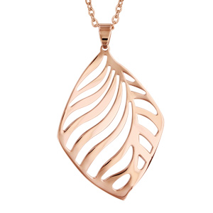 Collier en acier et PVD rose chaîne avec pendentif à zébrures ajourées – longueur 42cm + 4cm de rallonge