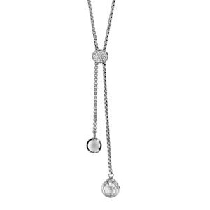 Collier sautoir en acier réglable avec un coeur en résine et strass blancs et 1 boule lisse et 1 en 
