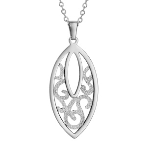 Collier en acier chaîne avec pendentif amande avec volutes granitées découpés – longueur 42cm + 4cm de rallonge