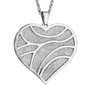 Collier en acier chaîne avec pendentif coeur granité et motifs lisses par-dessus - longueur 42cm + 4