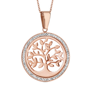 Collier en acier et PVD rose chaîne avec pendentif rond avec arbre de vie ajouré et contour en résin