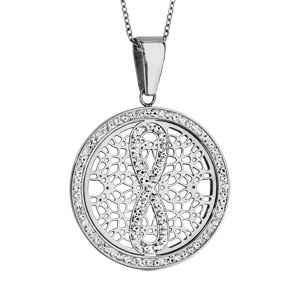 Collier en acier chaîne avec pendentif rond avec motifs ajourés et infini et contour en résine et strass blanc – longueur 42cm + 8cm de rallonge