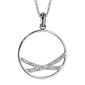Collier en acier chaîne avec pendentif anneau avec à l’intérieur 2 branches en résine et strass blancs – longueur 40cm + 5cm de rallonge
