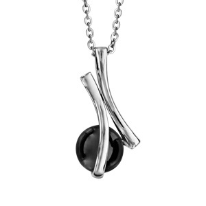 Collier en acier chaîne avec pendantif 2 virgules retenant 1 boule en céramique noire – longueur 40cm + 5cm de rallonge