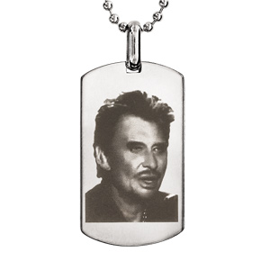 Collier + pendentif en acier plaque GI avec portrait Johnny Hallyday