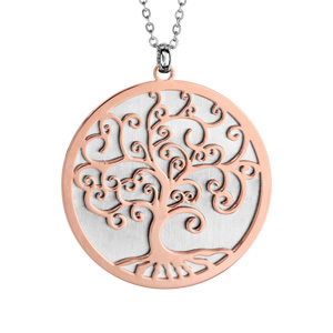 Collier en acier chaîne avec pendentif abre de vie en PVD rose - longueur 50cm + 10cm de rallonge