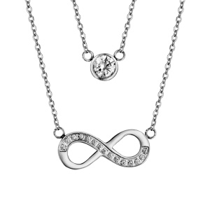 Collier en acier double chaîne 1 oxyde blanc serti clos 1 motif infini oxydes blancs sertis 42+3cm