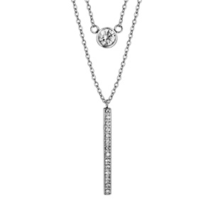 Collier en acier double chaîne 1 oxyde blanc serti clos 1 baguette oxydes blancs sertis 42+3cm